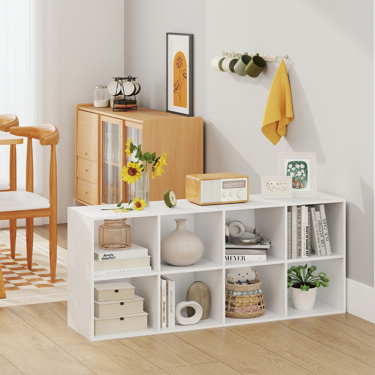 Librería de 8 Cubos Estantería con 2 Kits Antivuelco Organizador de Almacenamiento Unidad de Estante para Sala de Estar Estudio Blanco