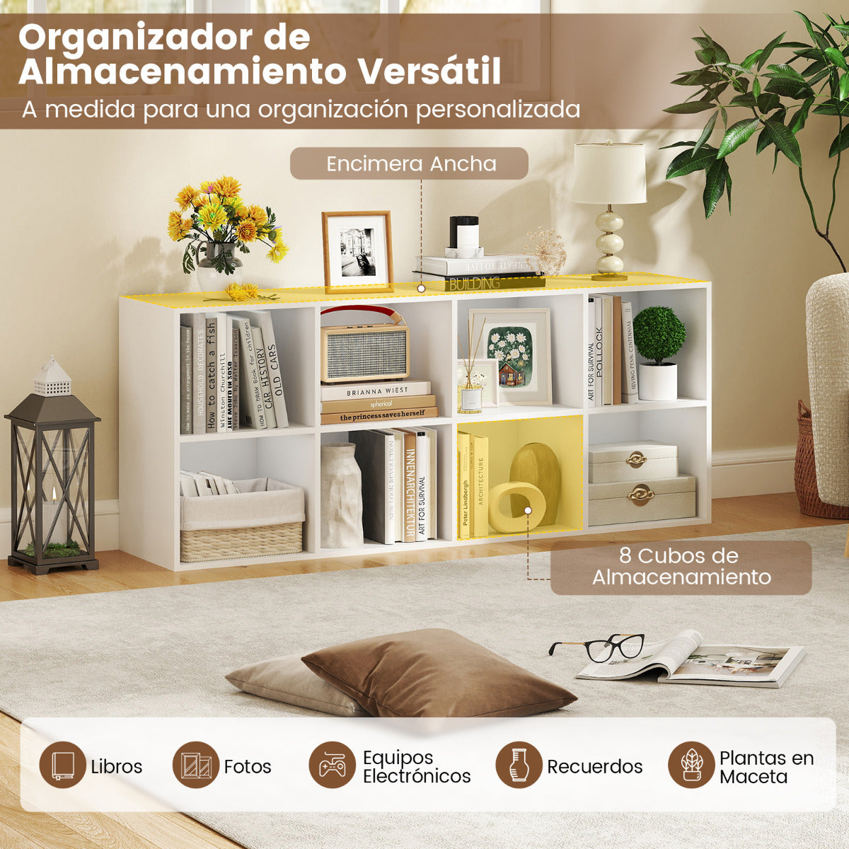 Librería de 8 Cubos Estantería con 2 Kits Antivuelco Organizador de Almacenamiento Unidad de Estante para Sala de Estar Estudio Blanco