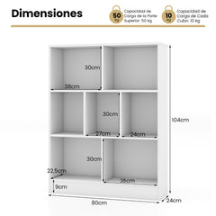 Librería de 7 Cubos Organizador de Almacenamiento de 3 Niveles Antivuelco Estantería para Salón Dormitorio Oficina 80 x 24 x 104 cm Blanco