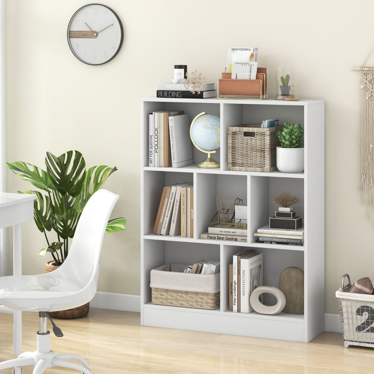 Librería de 7 Cubos Organizador de Almacenamiento de 3 Niveles Antivuelco Estantería para Salón Dormitorio Oficina 80 x 24 x 104 cm Blanco