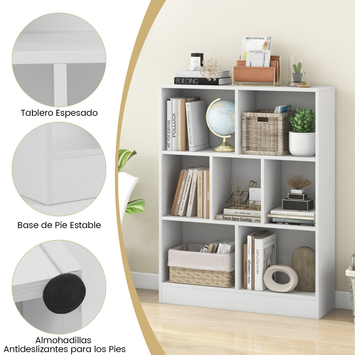 Librería de 7 Cubos Organizador de Almacenamiento de 3 Niveles Antivuelco Estantería para Salón Dormitorio Oficina 80 x 24 x 104 cm Blanco