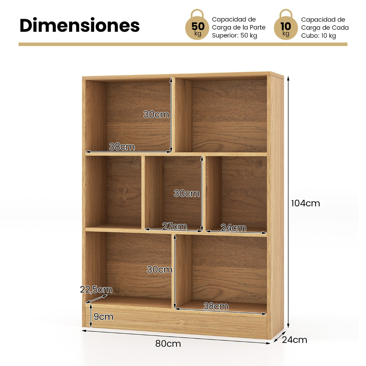 Librería de 7 Cubos Organizador de Almacenamiento de 3 Niveles Antivuelco Estantería para Salón Dormitorio Oficina 80 x 24 x 104 cm Natural