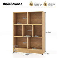 Librería de 7 Cubos Organizador de Almacenamiento de 3 Niveles Antivuelco Estantería para Salón Dormitorio Oficina 80 x 24 x 104 cm Natural