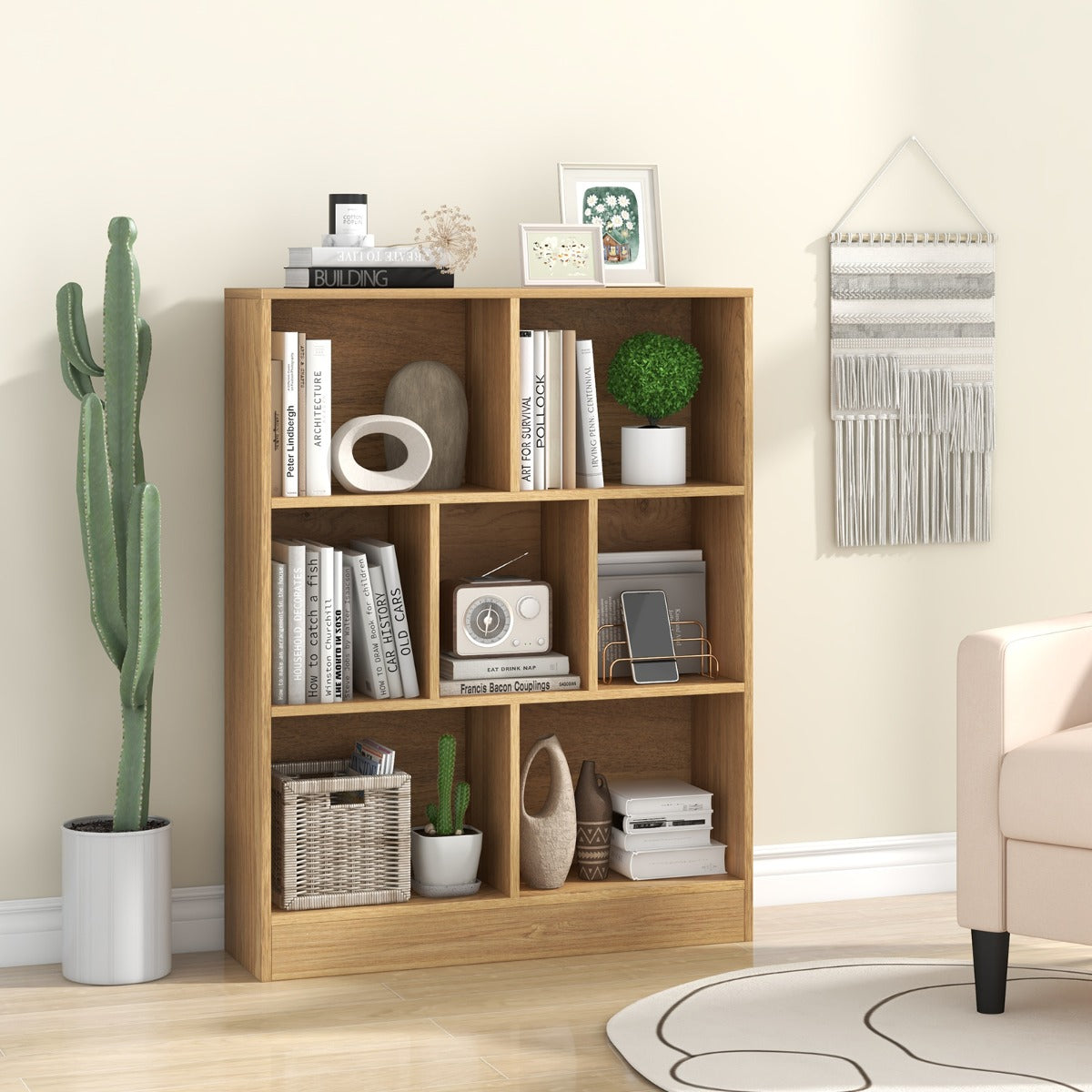 Librería de 7 Cubos Organizador de Almacenamiento de 3 Niveles Antivuelco Estantería para Salón Dormitorio Oficina 80 x 24 x 104 cm Natural