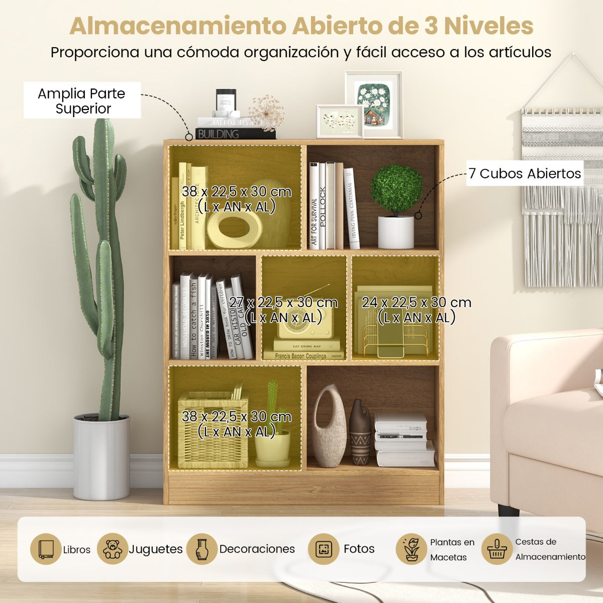 Librería de 7 Cubos Organizador de Almacenamiento de 3 Niveles Antivuelco Estantería para Salón Dormitorio Oficina 80 x 24 x 104 cm Natural