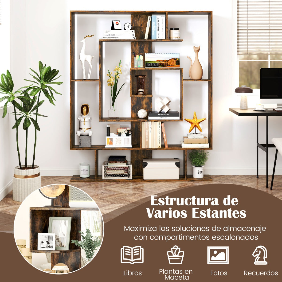 Estantería Geométrica Antivuelco Estante de Exhibición Abierto para Oficina en Casa 125 x 22 x 150 cm-Marrón