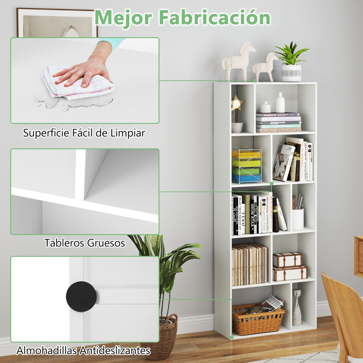 Estantería de 5 Niveles Librero Organizador de Hogar de Pie Estante de Almacenamiento con 10 Compartimentos Abierto para Estudio Blanco