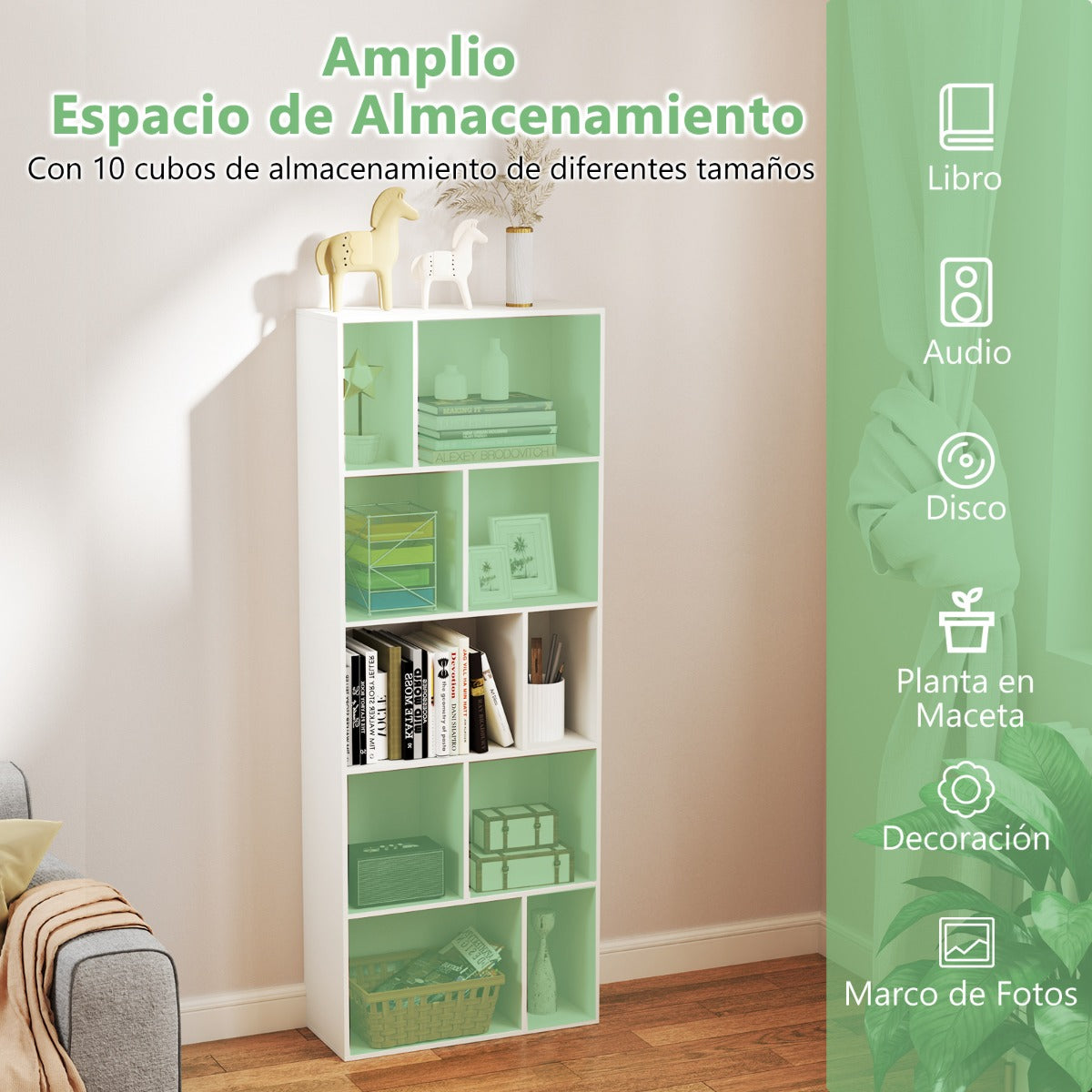 Estantería de 5 Niveles Librero Organizador de Hogar de Pie Estante de Almacenamiento con 10 Compartimentos Abierto para Estudio Blanco