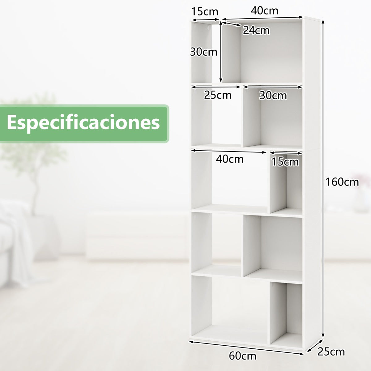 Estantería de 5 Niveles Librero Organizador de Hogar de Pie Estante de Almacenamiento con 10 Compartimentos Abierto para Estudio Blanco