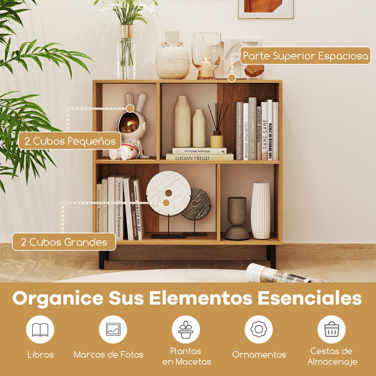 Librero de 4 Cubos Estantería de Piso 2 Niveles con Patas Metálicas Estante Horizontal de Almacenaje Estante de Exhibición en Cubos Natural