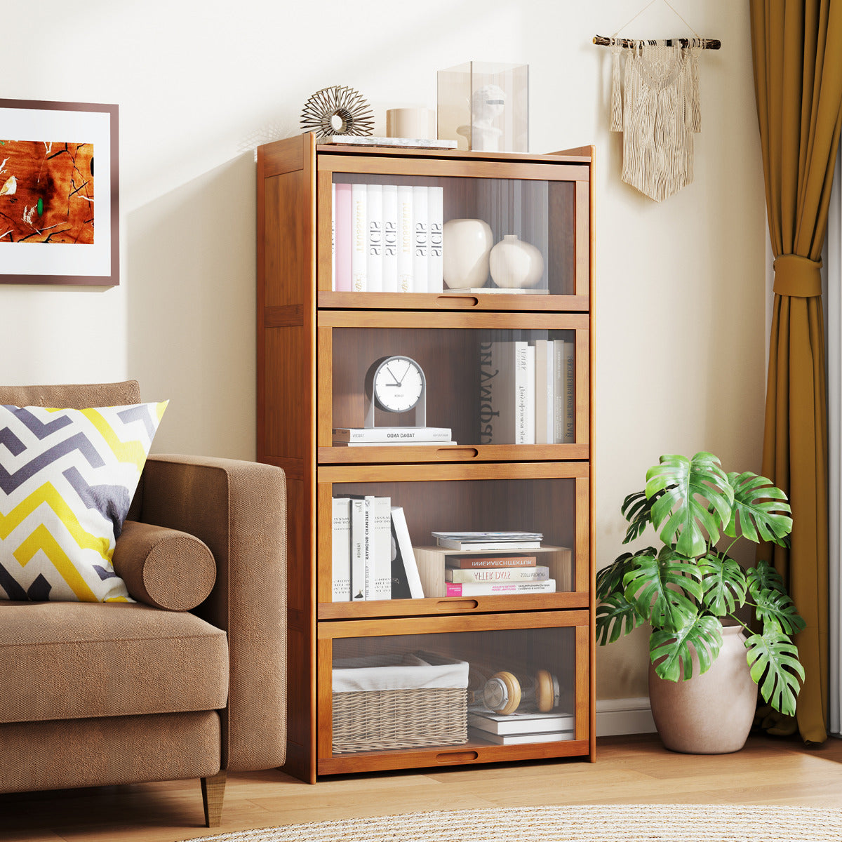 Librero de 4 Niveles con Puertas Estantería de Bambú de 140 cm con Puertas Acrílicas Organizador de Cubos para Salón Estudio-Marrón