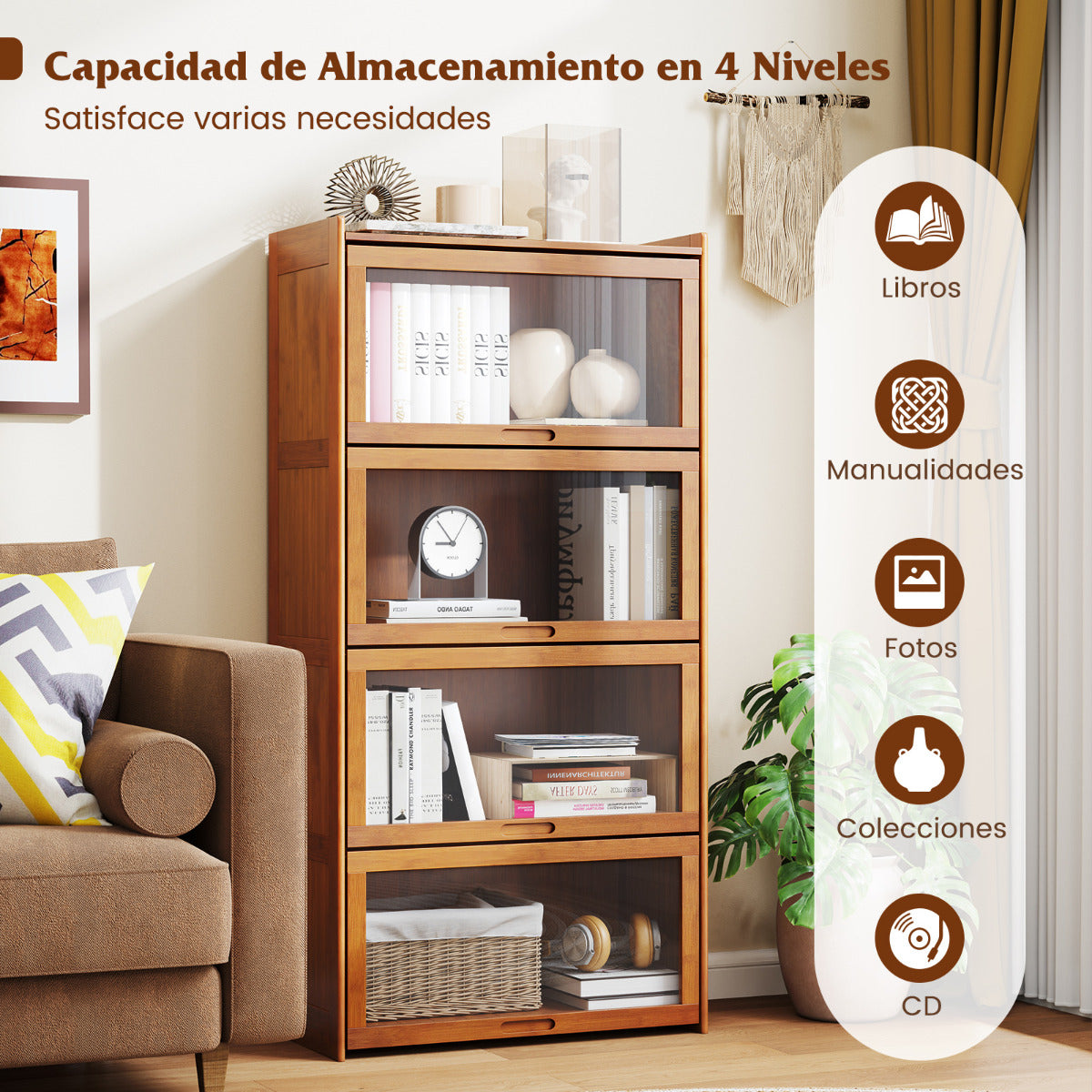 Librero de 4 Niveles con Puertas Estantería de Bambú de 140 cm con Puertas Acrílicas Organizador de Cubos para Salón Estudio-Marrón