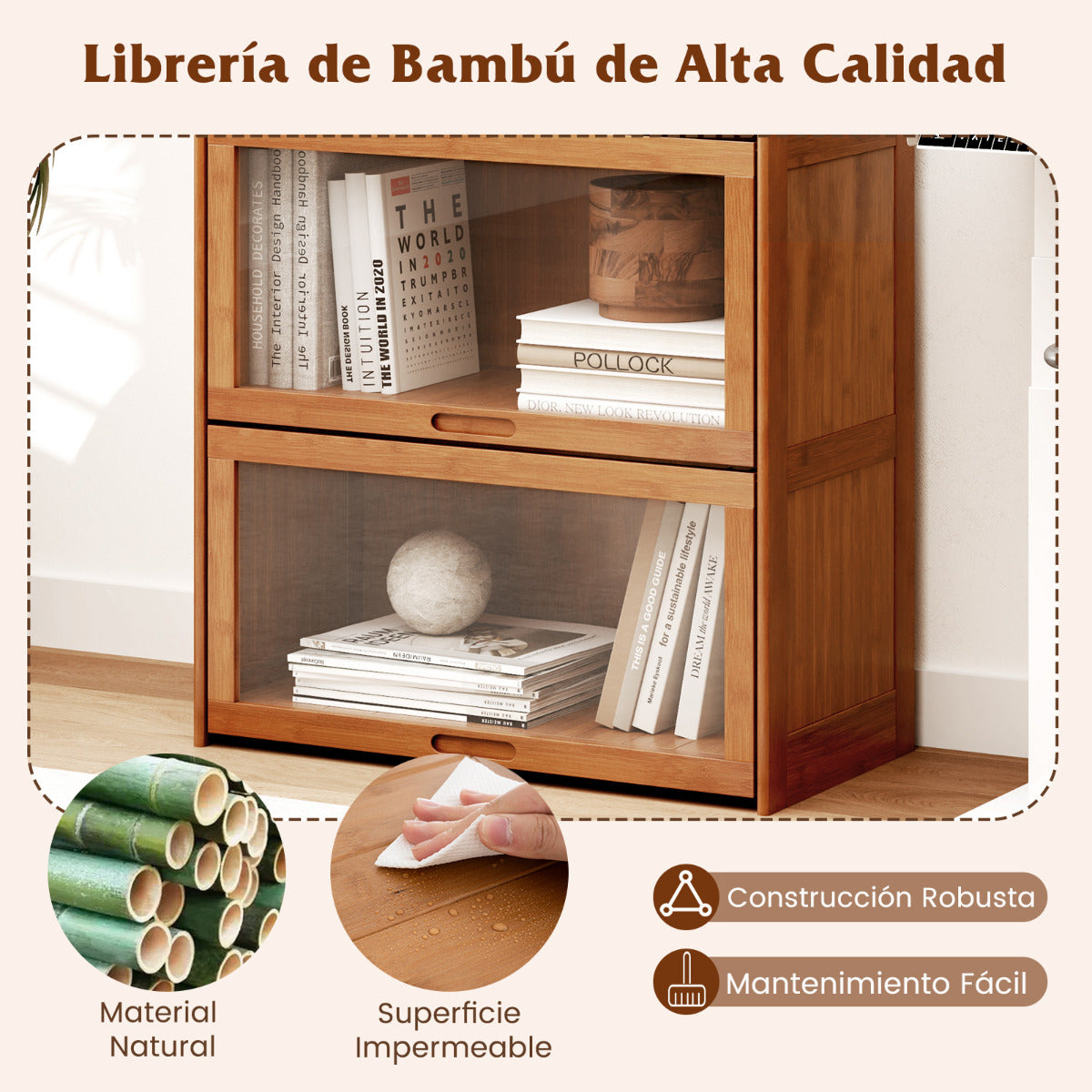 Librero de 4 Niveles con Puertas Estantería de Bambú de 140 cm con Puertas Acrílicas Organizador de Cubos para Salón Estudio-Marrón