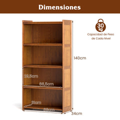 Librero de 4 Niveles con Puertas Estantería de Bambú de 140 cm con Puertas Acrílicas Organizador de Cubos para Salón Estudio-Marrón