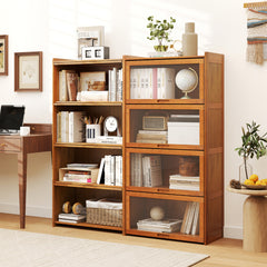 Librero de 4 Niveles con Puertas Estantería de Bambú de 140 cm con Puertas Acrílicas Organizador de Cubos para Salón Estudio-Marrón