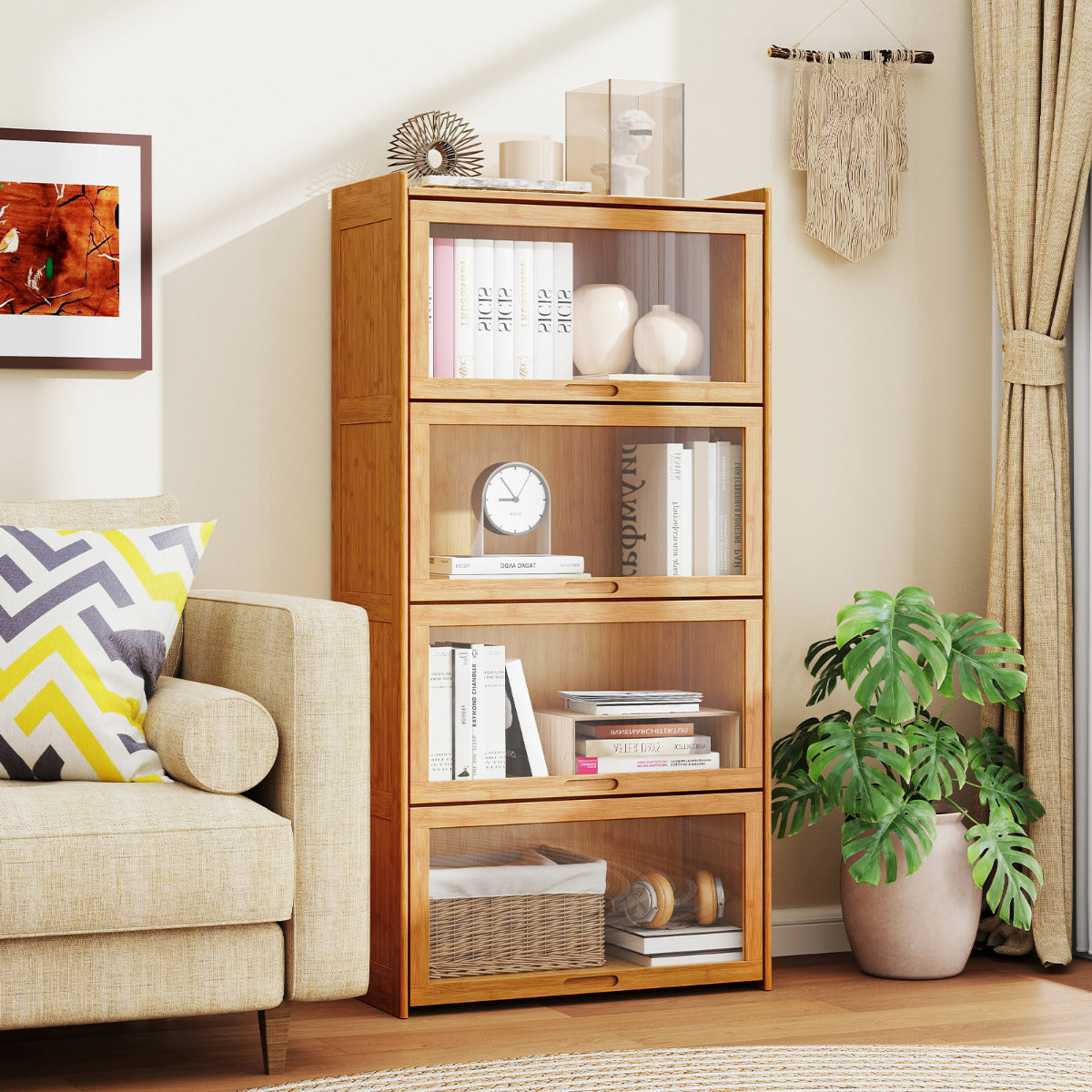 Librero de 4 Niveles con Puertas Estantería de Bambú de 140 cm con Puertas Acrílicas Organizador de Cubos para Salón Estudio-Natural