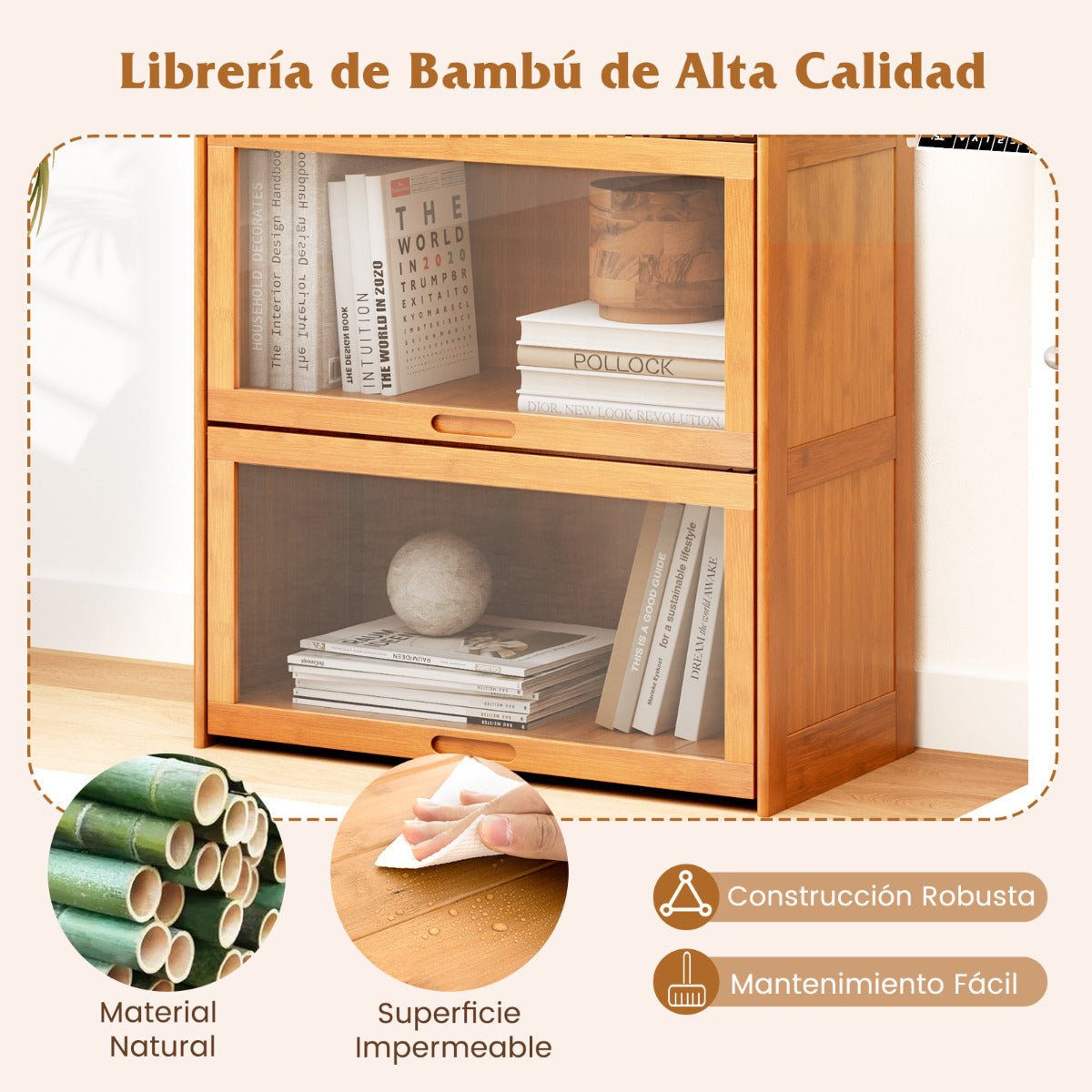 Librero de 4 Niveles con Puertas Estantería de Bambú de 140 cm con Puertas Acrílicas Organizador de Cubos para Salón Estudio-Natural