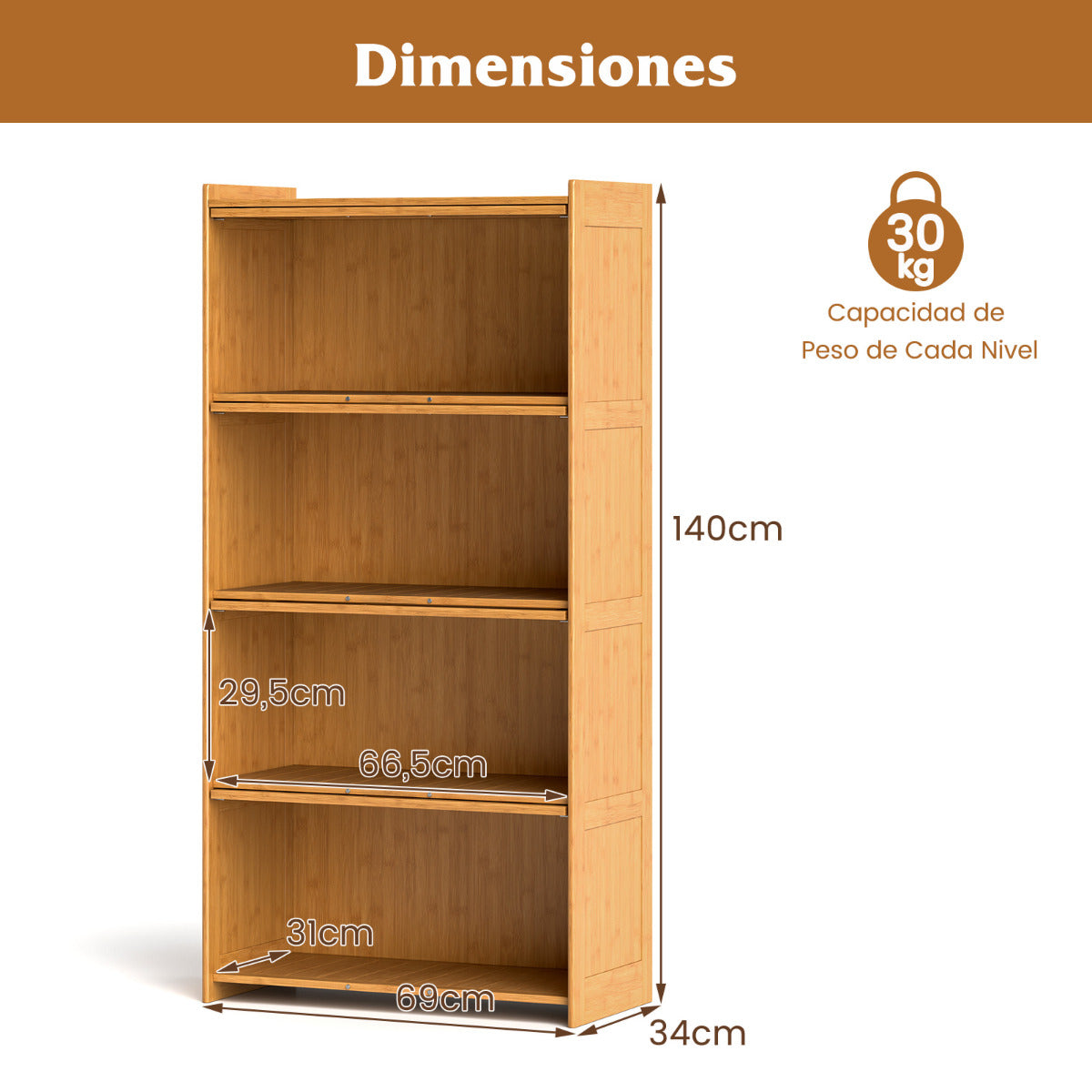 Librero de 4 Niveles con Puertas Estantería de Bambú de 140 cm con Puertas Acrílicas Organizador de Cubos para Salón Estudio-Natural