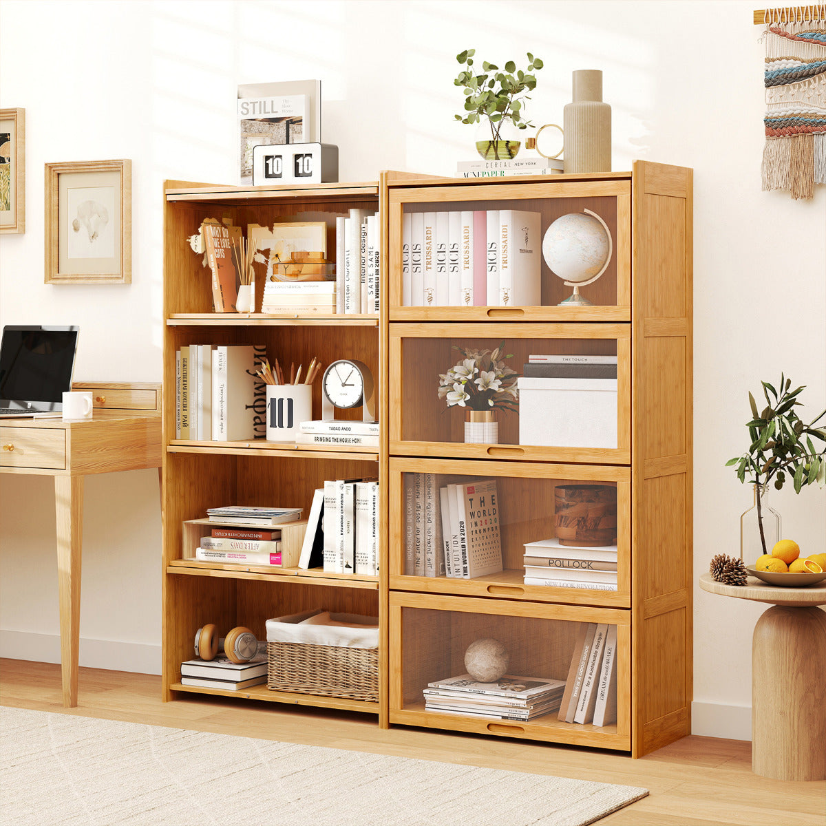 Librero de 4 Niveles con Puertas Estantería de Bambú de 140 cm con Puertas Acrílicas Organizador de Cubos para Salón Estudio-Natural