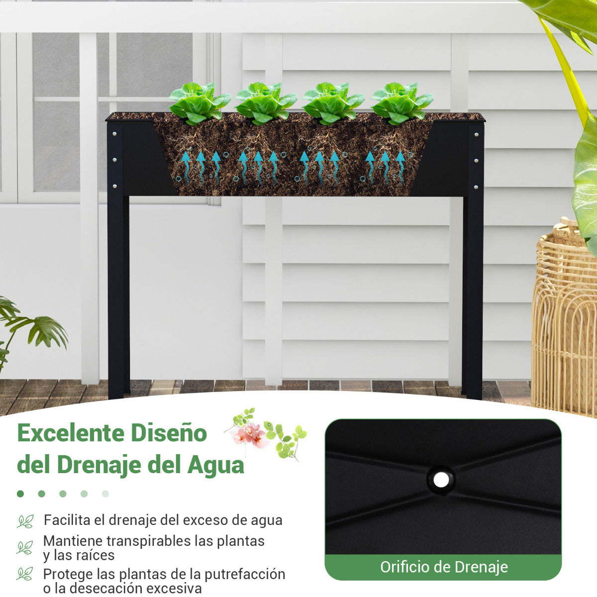 Macetero de Metal Elevado con Patas Orificio de Drenaje Contenedor de Plantas Al Aire Libre para Flores Hierbas Verduras Frutas para Patio
