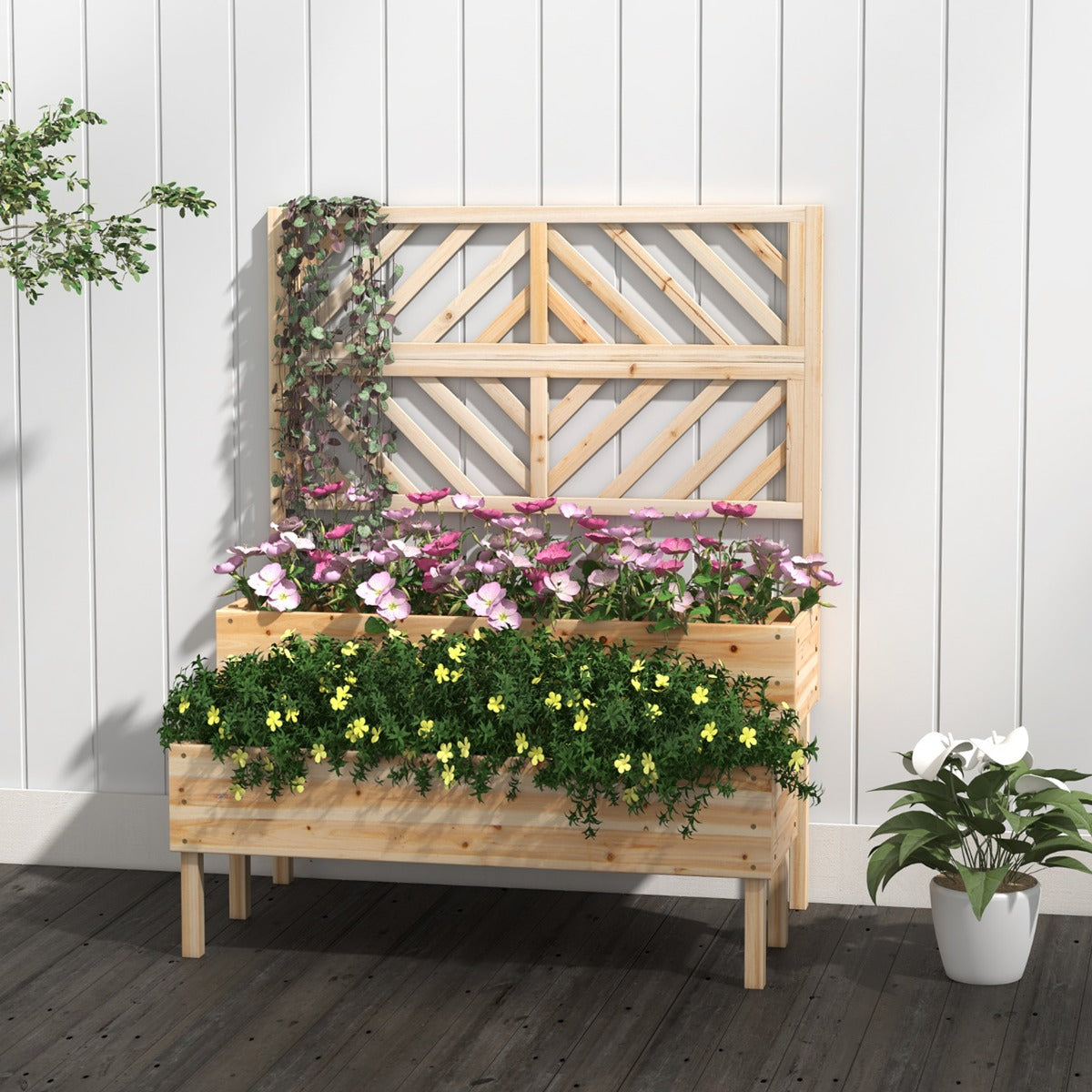 Macetero Elevado con Enrejado de 2 Niveles Caja de Cultivo con Patas para Jardín 109 x 62 x 135 cm Natural