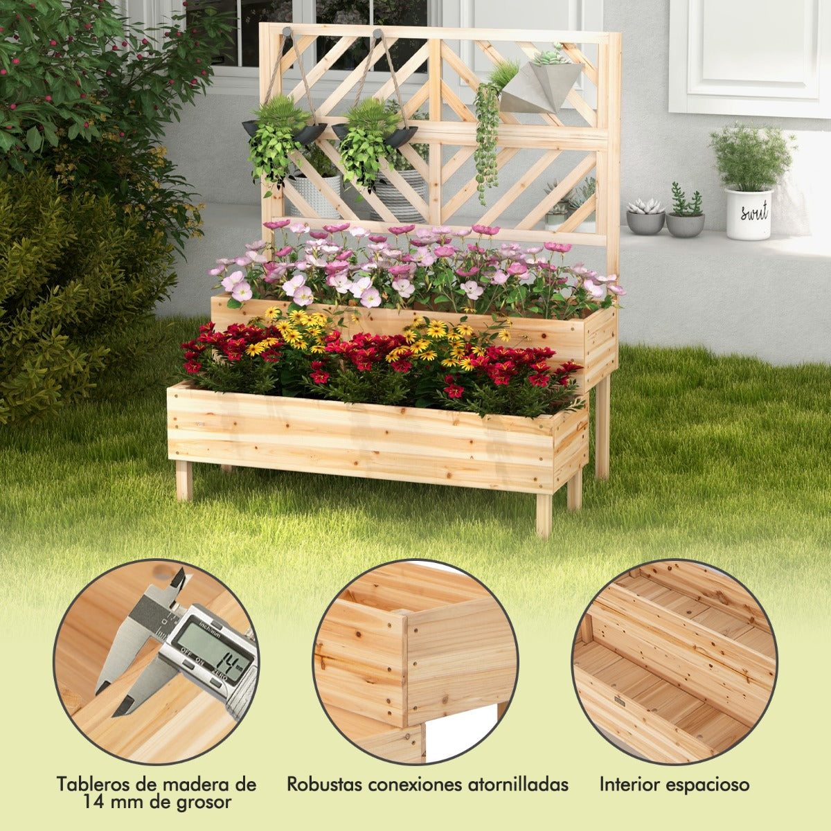 Macetero Elevado con Enrejado de 2 Niveles Caja de Cultivo con Patas para Jardín 109 x 62 x 135 cm Natural