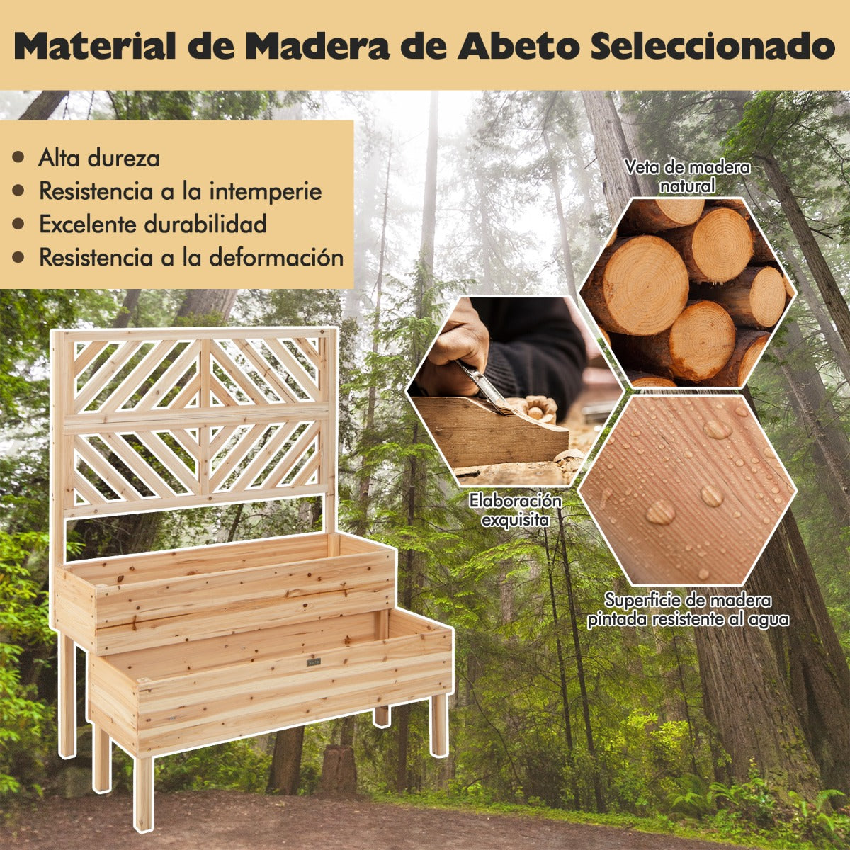Macetero Elevado con Enrejado de 2 Niveles Caja de Cultivo con Patas para Jardín 109 x 62 x 135 cm Natural