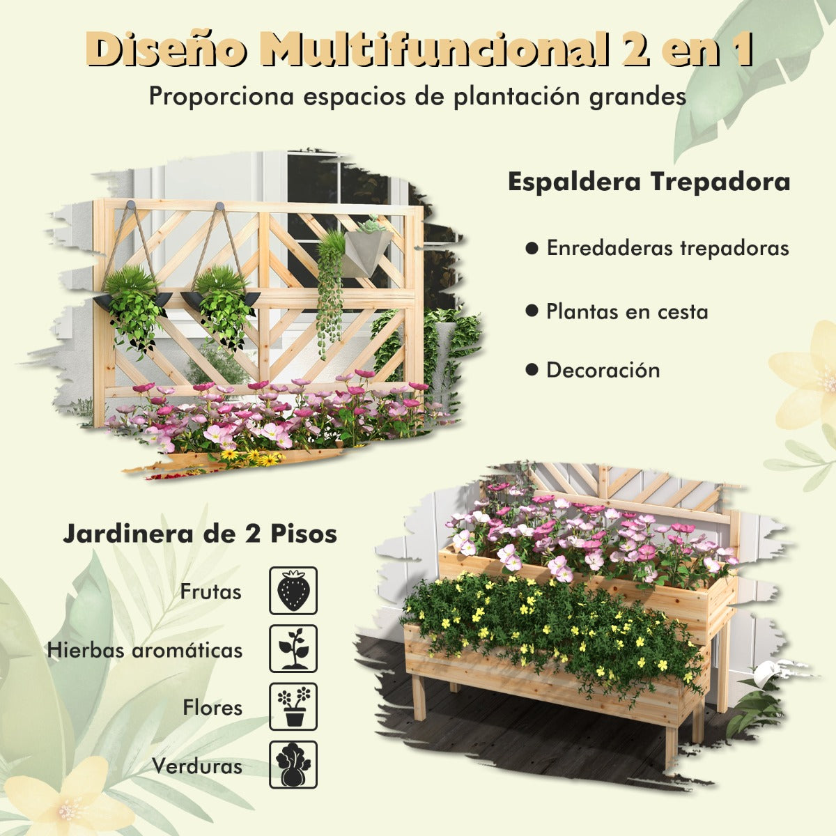 Macetero Elevado con Enrejado de 2 Niveles Caja de Cultivo con Patas para Jardín 109 x 62 x 135 cm Natural