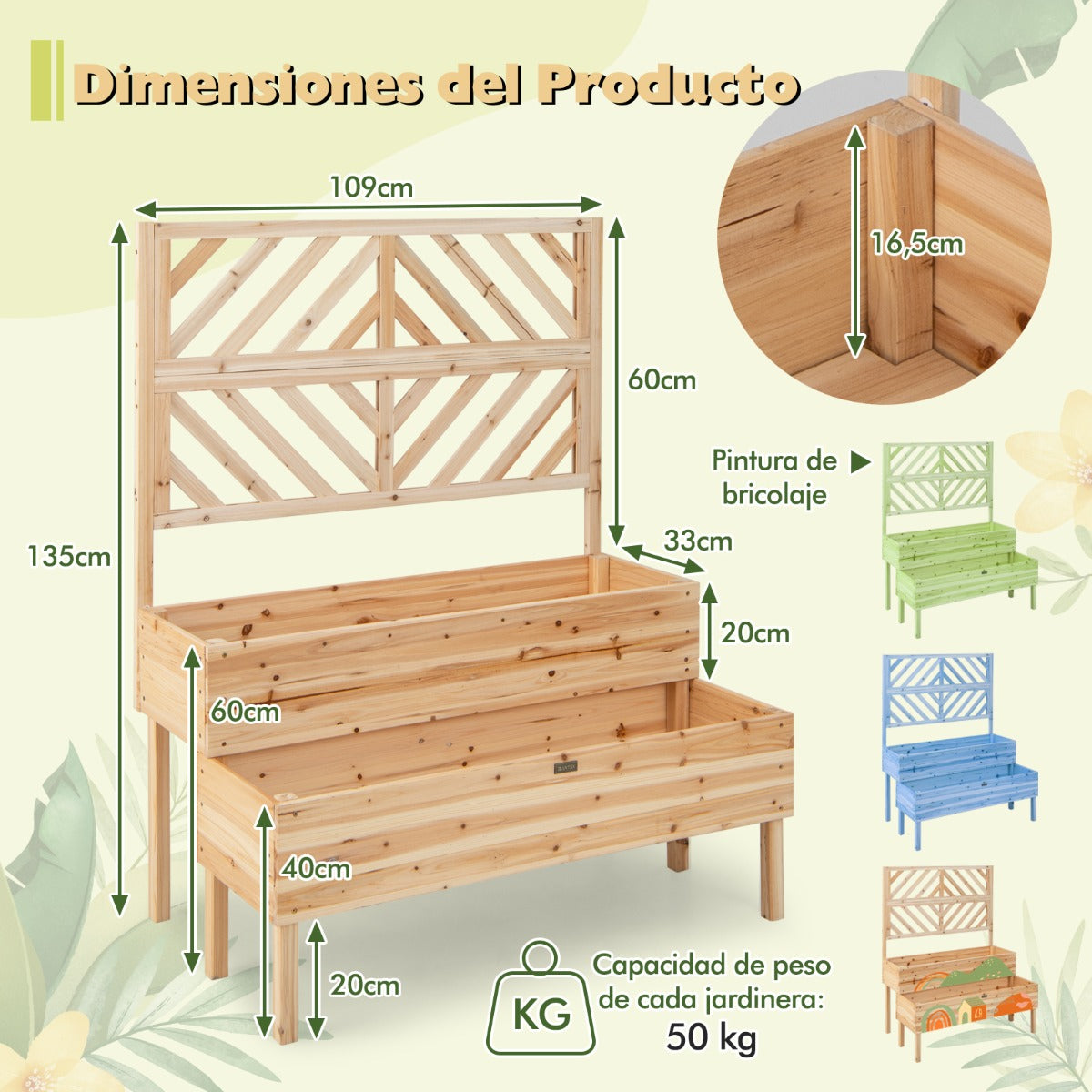 Macetero Elevado con Enrejado de 2 Niveles Caja de Cultivo con Patas para Jardín 109 x 62 x 135 cm Natural