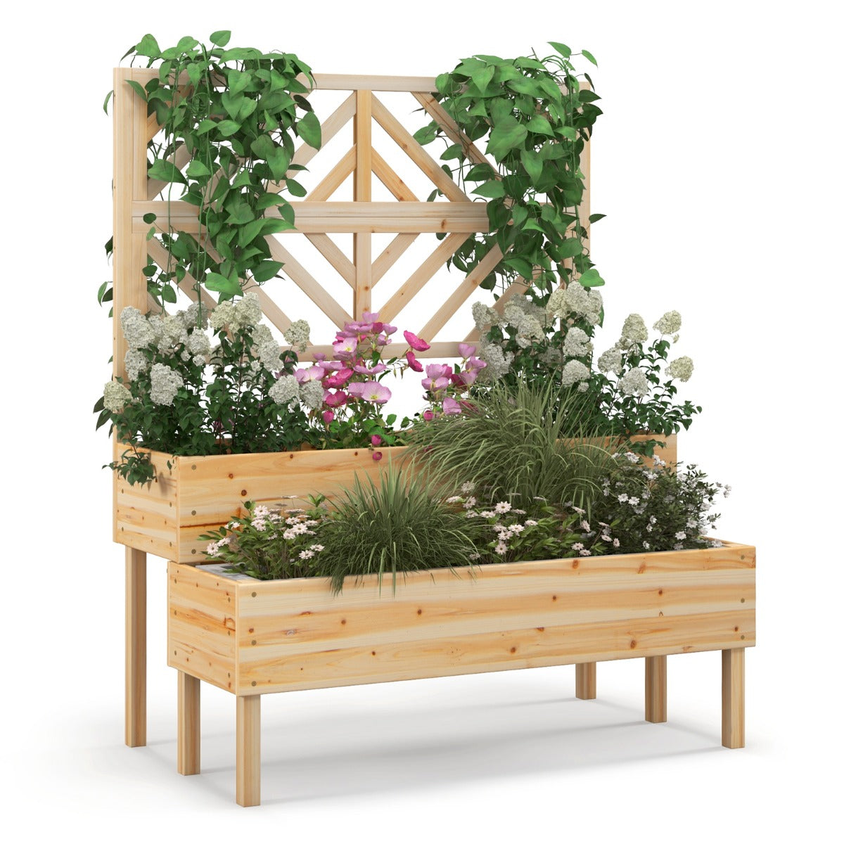 Macetero Elevado con Enrejado de 2 Niveles Caja de Cultivo con Patas para Jardín 109 x 62 x 135 cm Natural