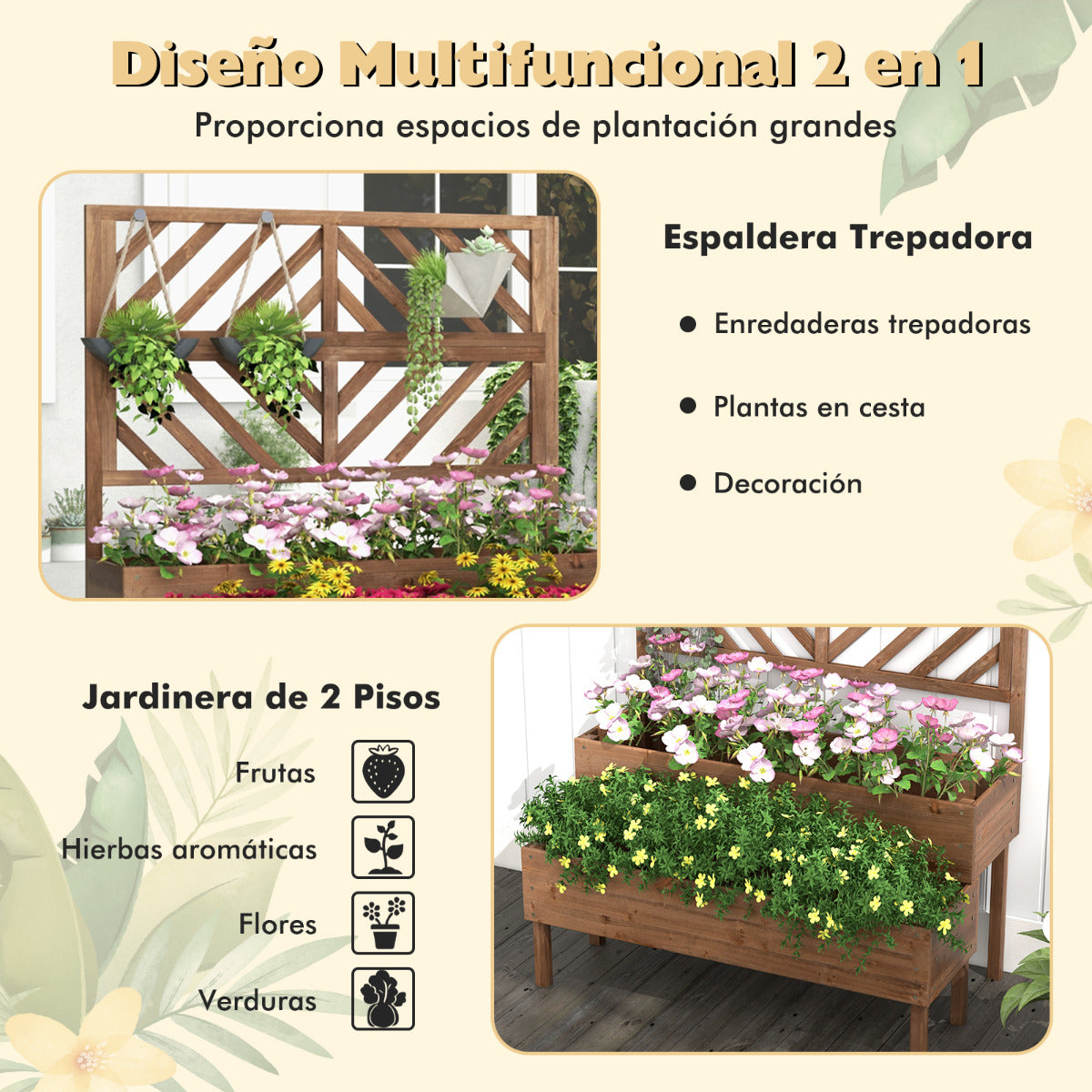 Macetero Elevado con Enrejado de 2 Niveles Caja de Cultivo con Patas para Jardín 109 x 62 x 135 cm Marrón