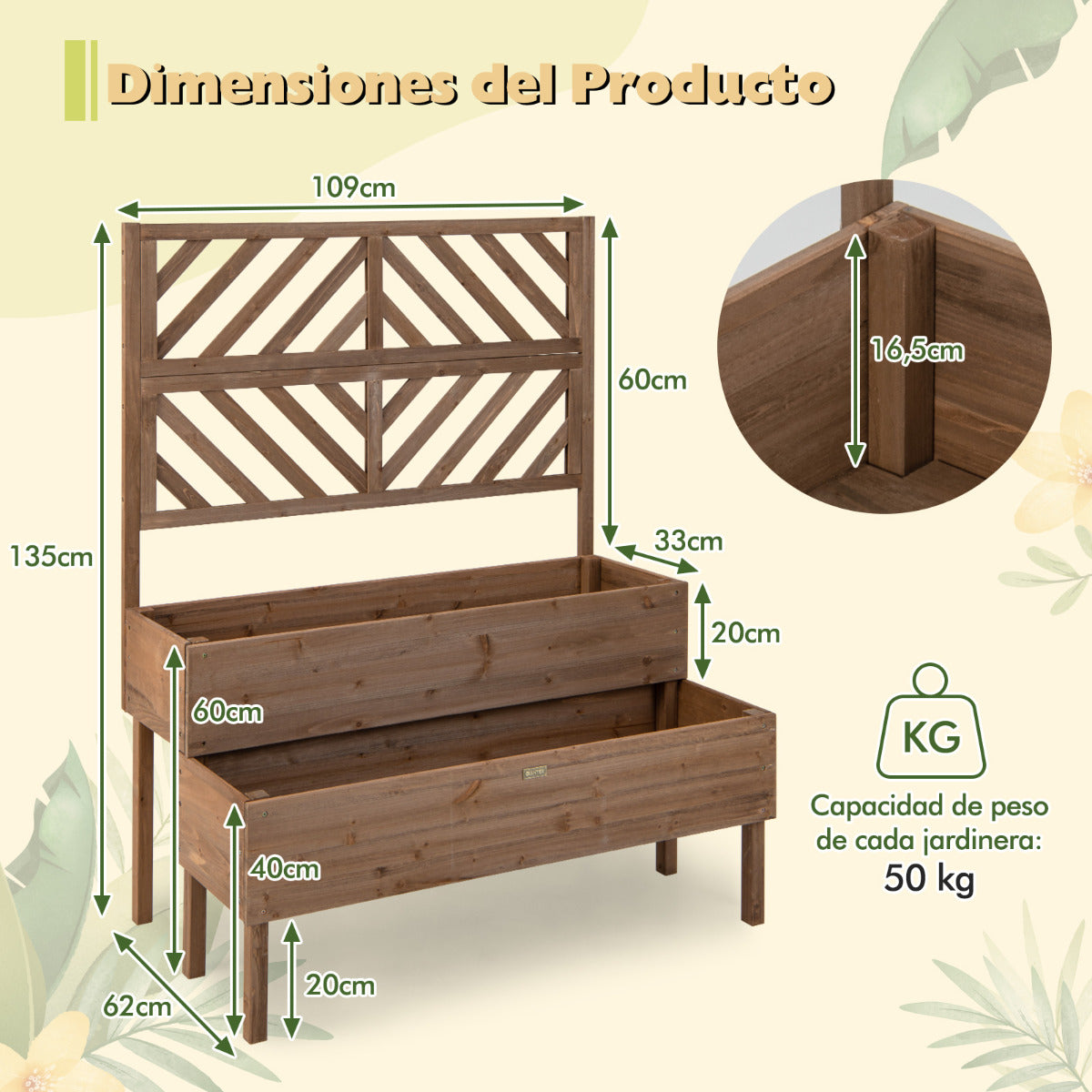 Macetero Elevado con Enrejado de 2 Niveles Caja de Cultivo con Patas para Jardín 109 x 62 x 135 cm Marrón