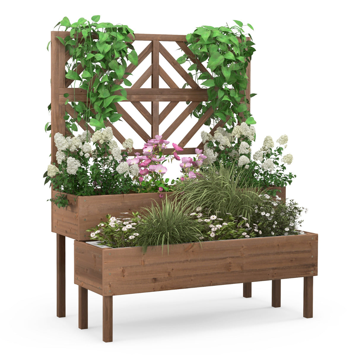 Macetero Elevado con Enrejado de 2 Niveles Caja de Cultivo con Patas para Jardín 109 x 62 x 135 cm Marrón