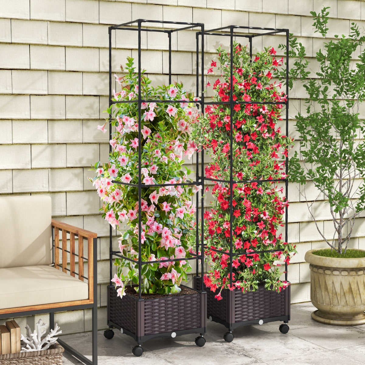 Macetero Elevado de 170 cm con Enrejado Sistema de Riego Automático Ruedas Macetero Vertical para Plantas Trepadoras Flores Vegetales