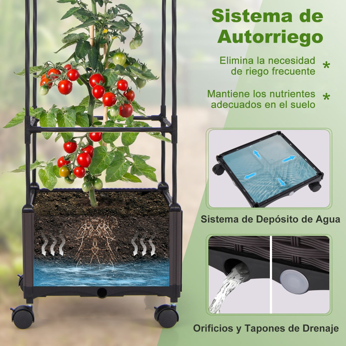 Macetero Elevado de 170 cm con Enrejado Sistema de Riego Automático Ruedas Macetero Vertical para Plantas Trepadoras Flores Vegetales