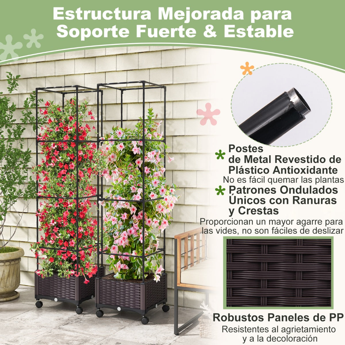 Macetero Elevado de 170 cm con Enrejado Sistema de Riego Automático Ruedas Macetero Vertical para Plantas Trepadoras Flores Vegetales
