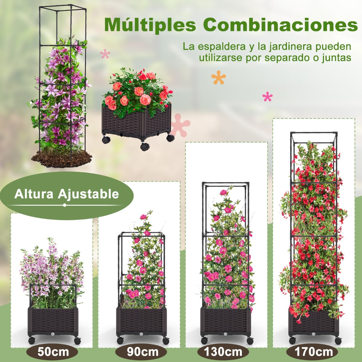 Macetero Elevado de 170 cm con Enrejado Sistema de Riego Automático Ruedas Macetero Vertical para Plantas Trepadoras Flores Vegetales