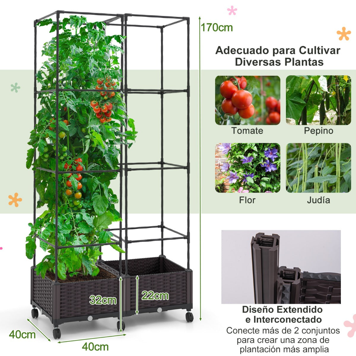 Macetero Elevado de 170 cm con Enrejado Sistema de Riego Automático Ruedas Macetero Vertical para Plantas Trepadoras Flores Vegetales