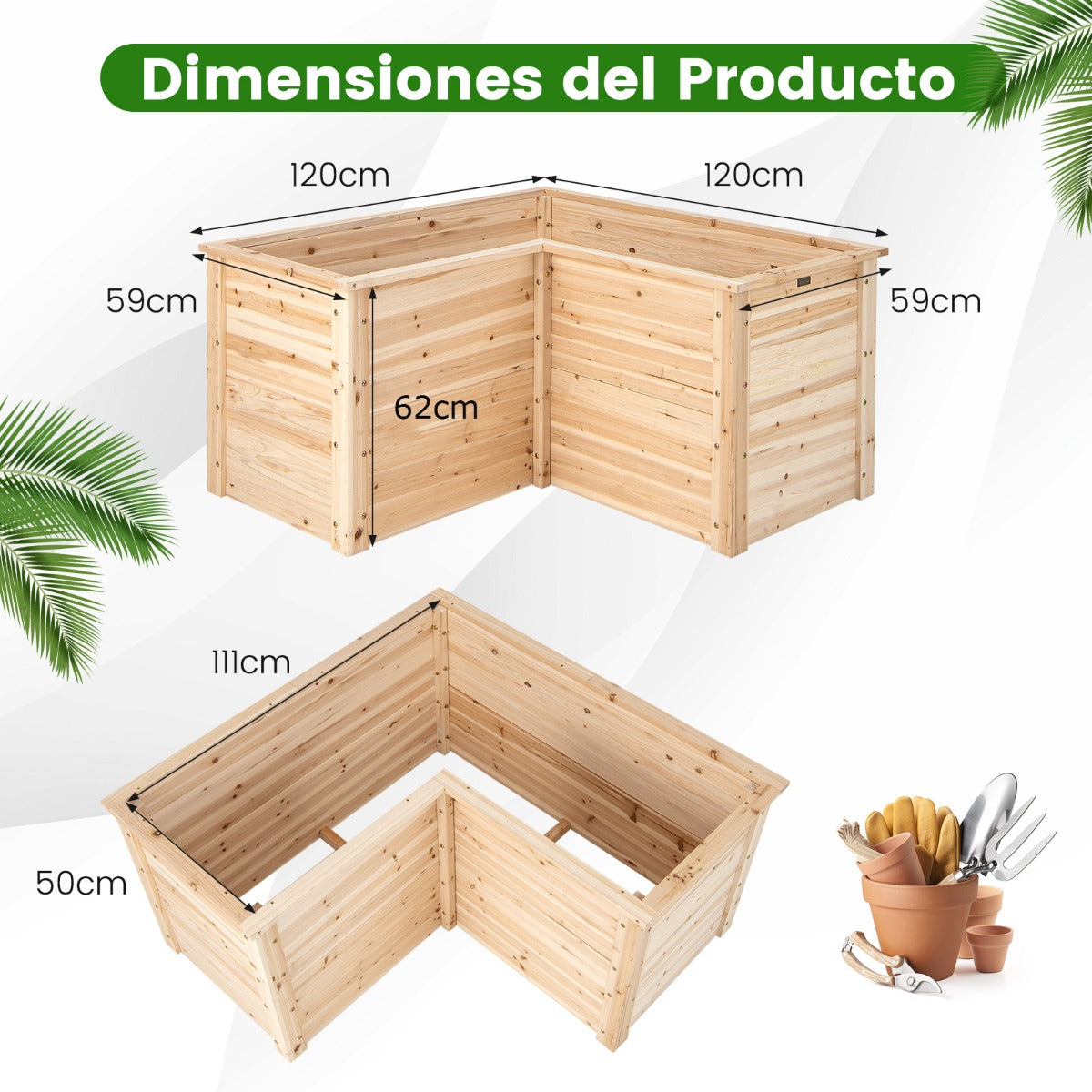 Macetero Elevado para Exteriores con Base Abierta en Forma de L 120 x 120 x 62 cm Natural