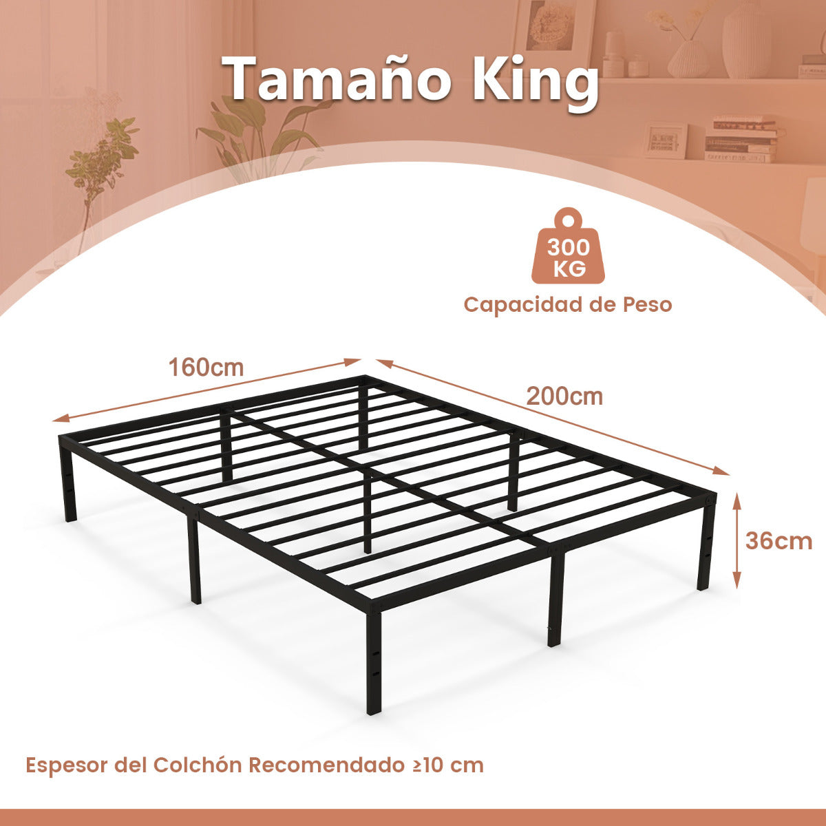 Marco de Cama Metálico de Alta Resistencia de Tamaño King Base de Colchón sin Ruido con Soporte de Listones de Hierro y Almacenaje