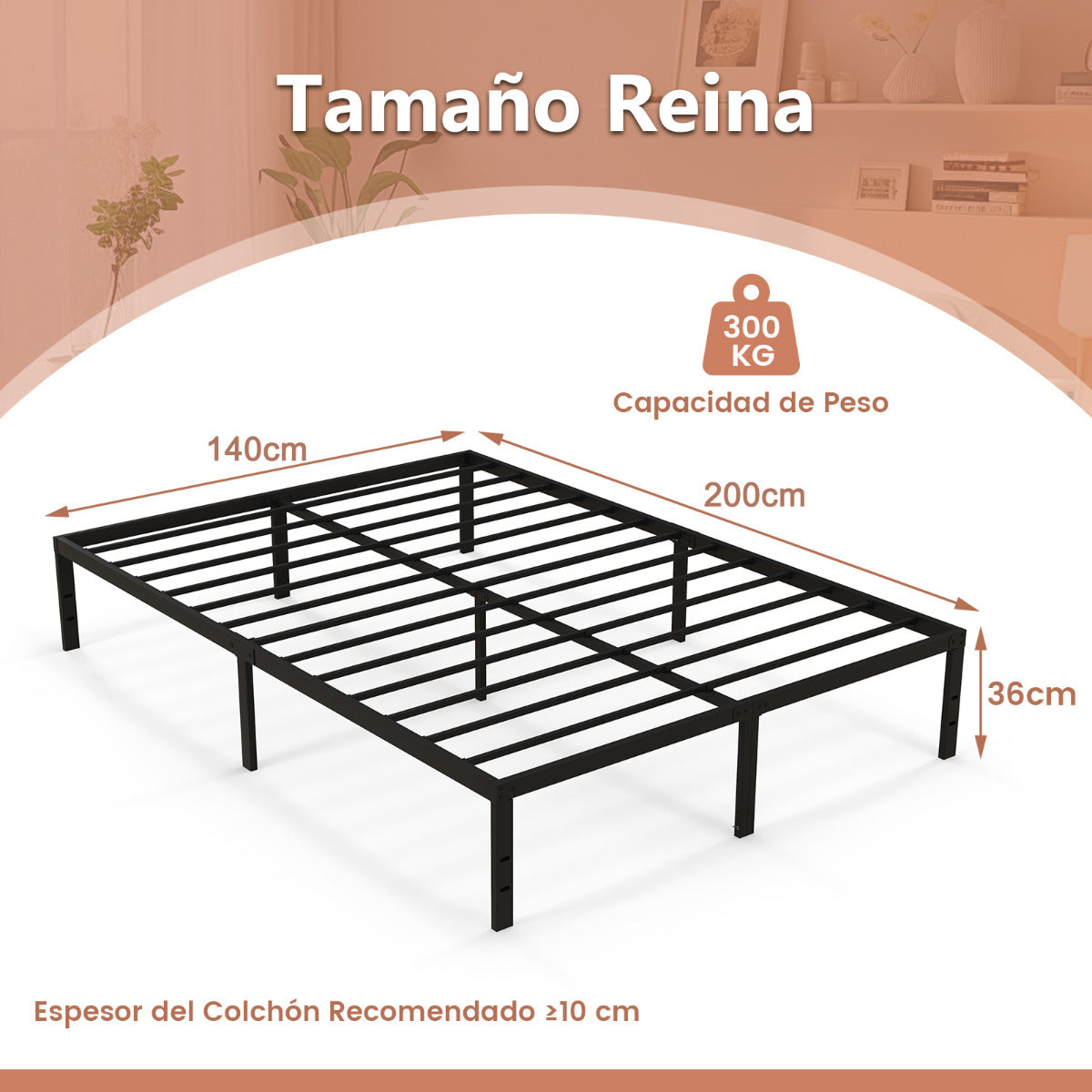 Marco de Cama Metálico de Alta Resistencia de Tamaño Queen Base de Colchón sin Ruido con Soporte de Listones de Hierro y Almacenaje