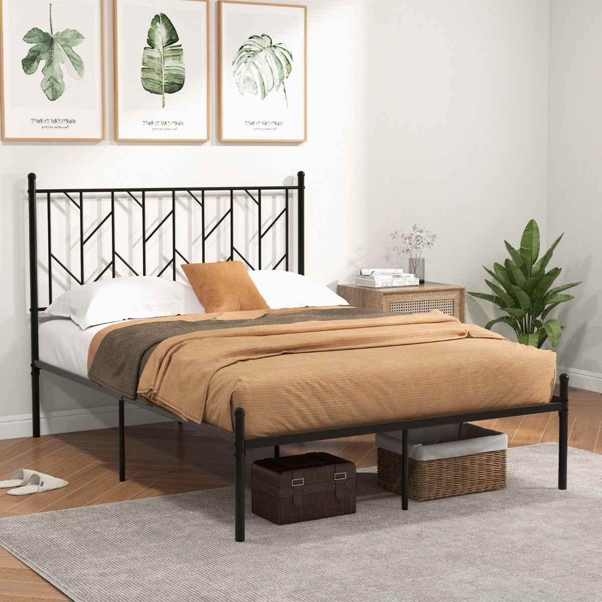 Marco de Cama de Plataforma de Metal con Cabecero Base de Colchón sin Ruido 197 x 141 x 113 cm-Negro