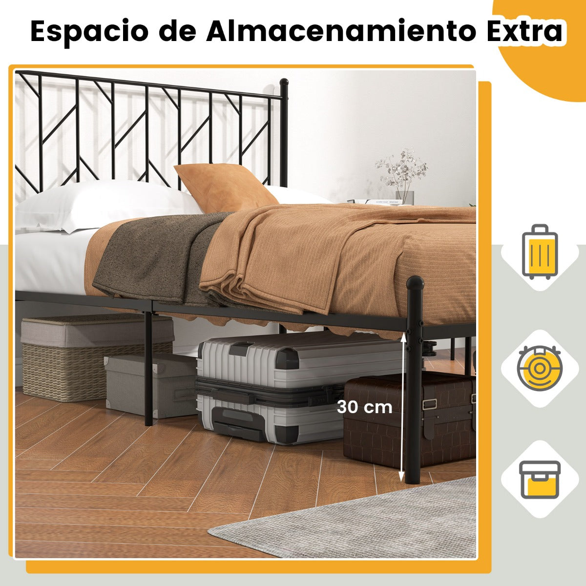 Marco de Cama de Plataforma de Metal con Cabecero Base de Colchón sin Ruido 197 x 141 x 113 cm-Negro