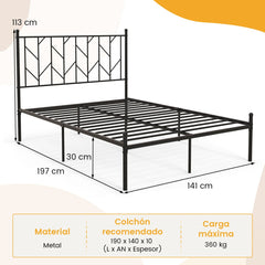 Marco de Cama de Plataforma de Metal con Cabecero Base de Colchón sin Ruido 197 x 141 x 113 cm-Negro