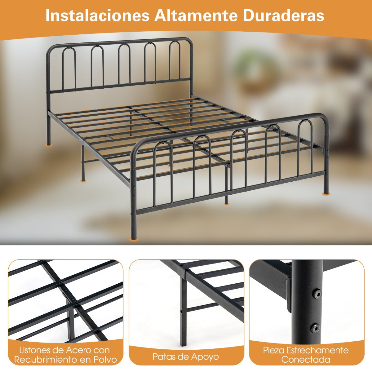 Marco de Cama Metálico con Cabecero y Piecero Cama de Plataforma Moderna con Almacenaje Bajo la Cama Negro-208x164x101 cm