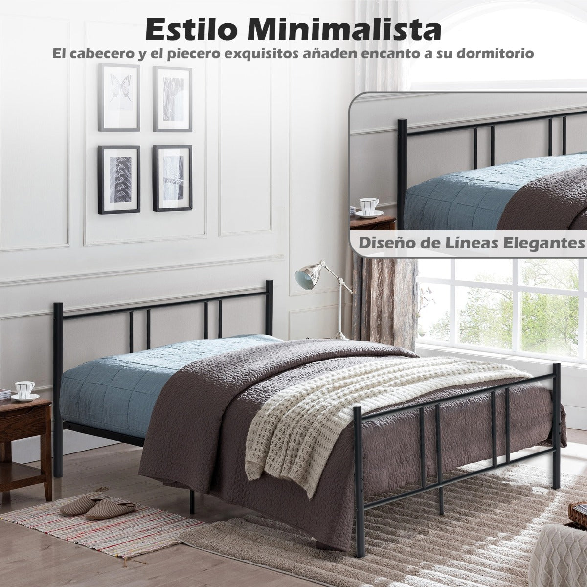 Marco de Cama Metálico con Cabecero y Estribo de Acero Fácil de Montar Negro-209x164x101 cm