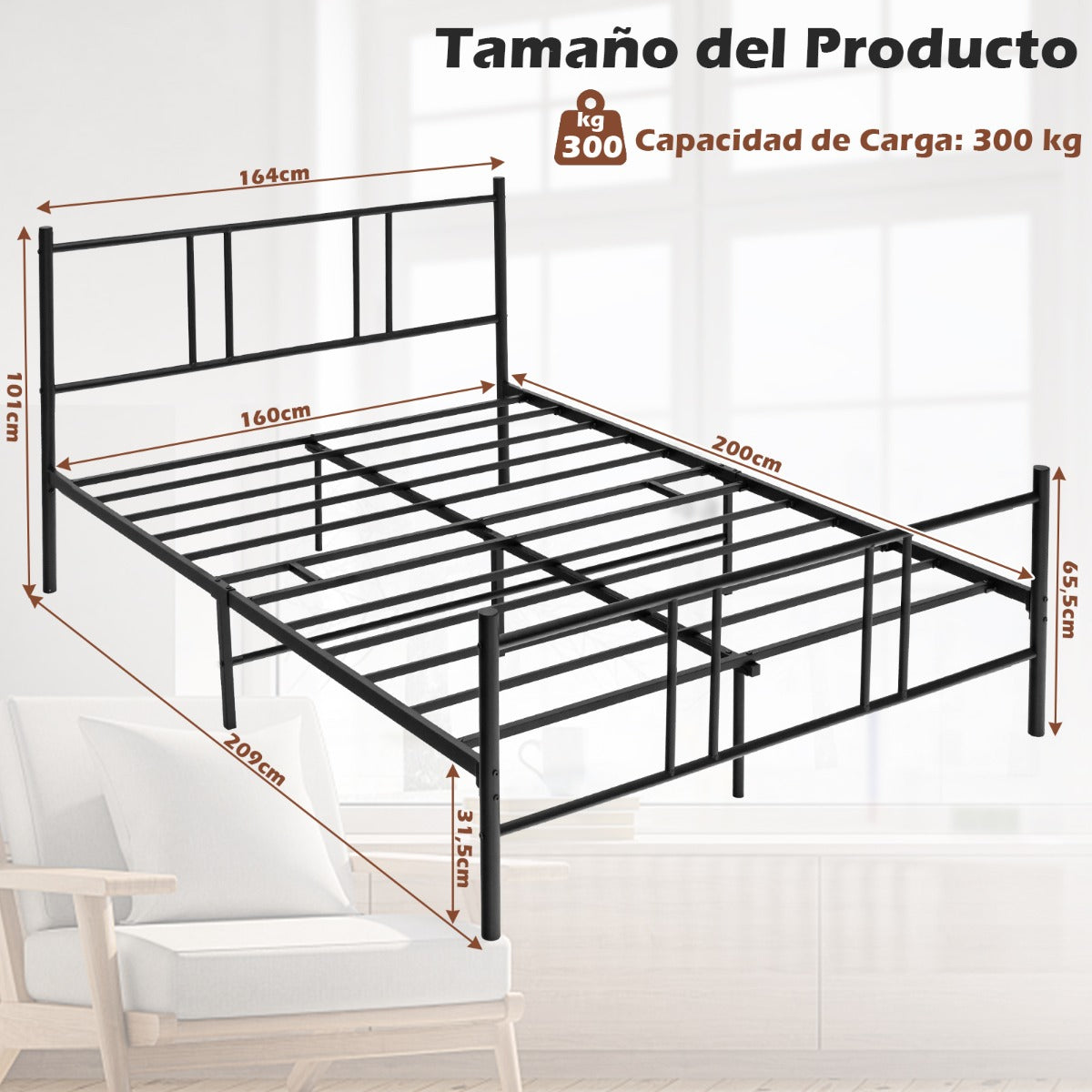 Marco de Cama Metálico con Cabecero y Estribo de Acero Fácil de Montar Negro-209x164x101 cm