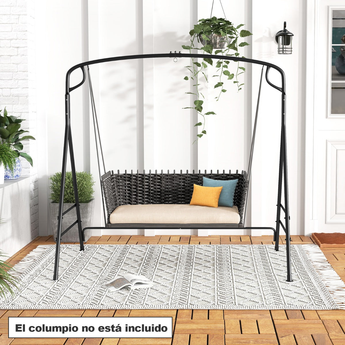 Marco de Columpio de Metal Resistente en Forma de A con Barras Laterales Adicionales y Diseño de 2 Anillos para Patio Trasero Negro