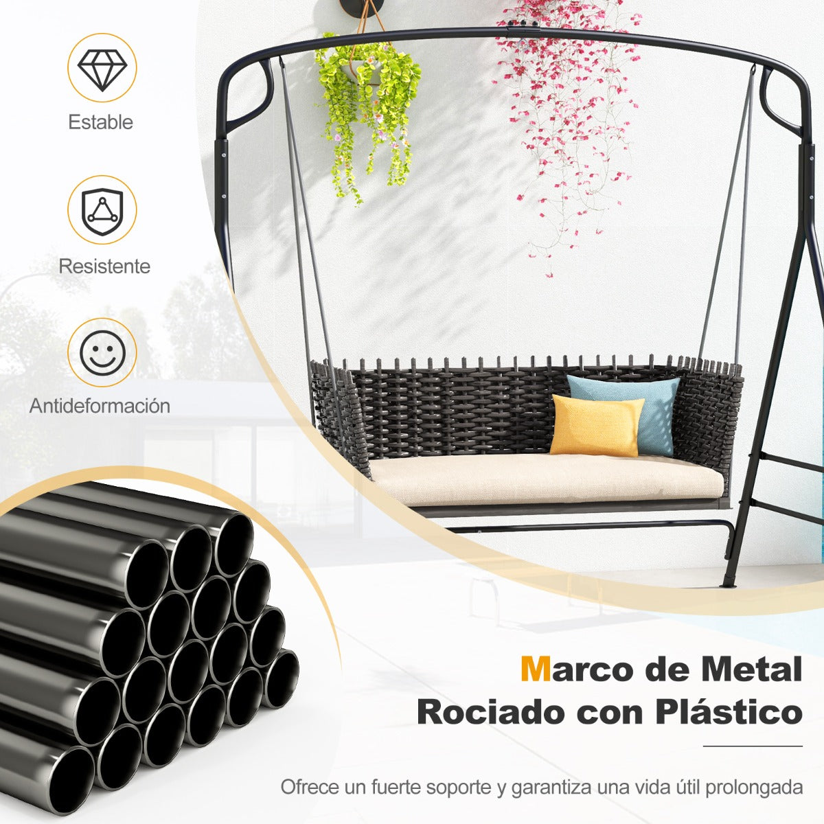 Marco de Columpio de Metal Resistente en Forma de A con Barras Laterales Adicionales y Diseño de 2 Anillos para Patio Trasero Negro