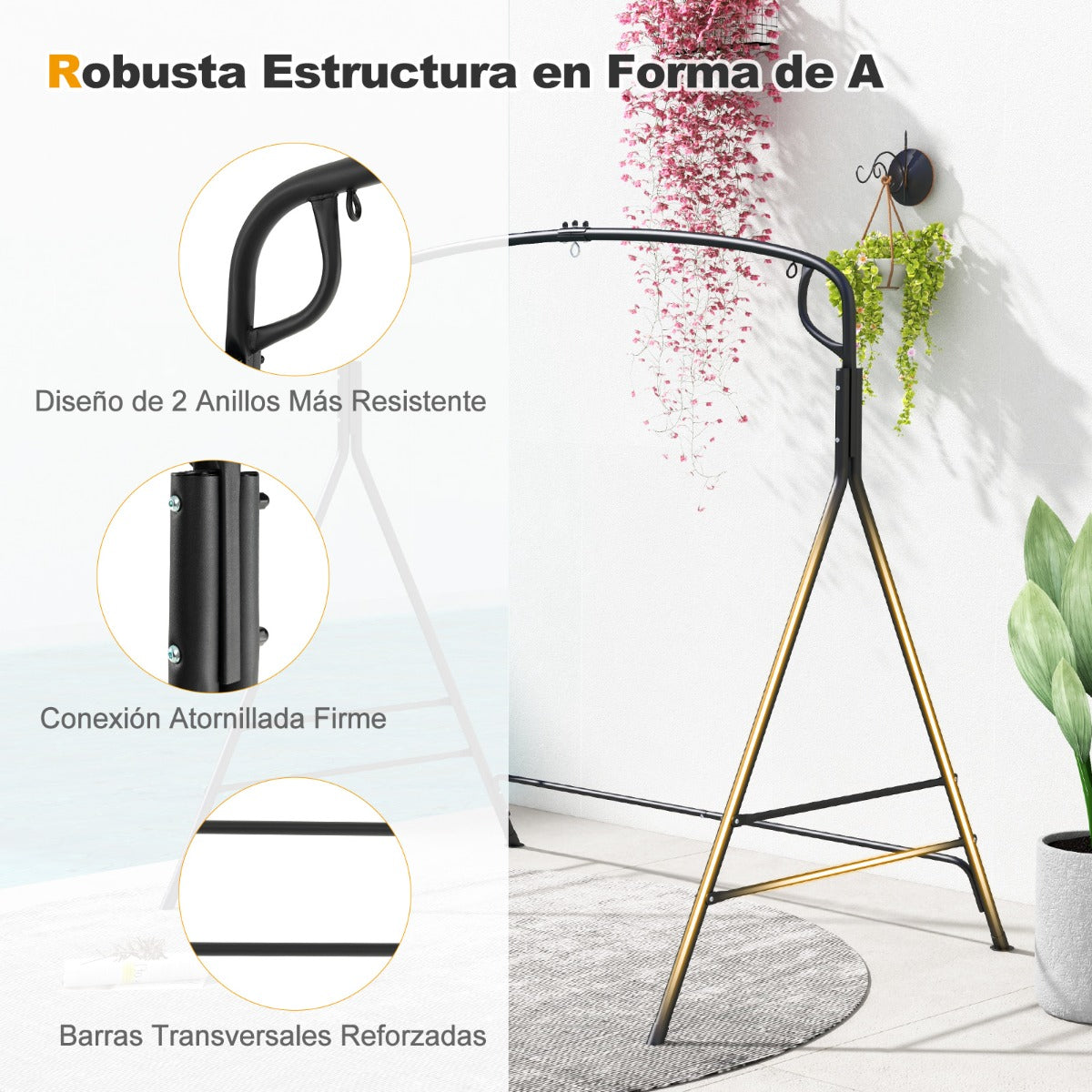 Marco de Columpio de Metal Resistente en Forma de A con Barras Laterales Adicionales y Diseño de 2 Anillos para Patio Trasero Negro